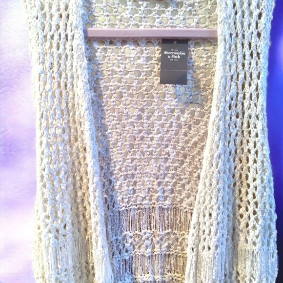Women's Abercrombie & Fitch Boho Cream Crochet Fringed Long Vest Size M/L New - Picture 6 of 8